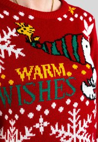 Maglione rosso lavorato a maglia con un design festivo caratterizzato da fiocchi di neve bianchi, un personaggio dei cartoni animati e la scritta "BUONE AUGURIO" in giallo e verde.