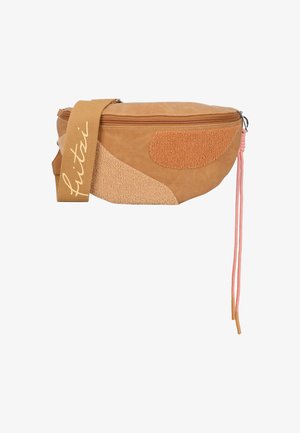 Tan and beige fanny pack with textured fabric and smooth leather sections, featuring a zip closure and a pink drawstring. Strap has "fritzi" logo.