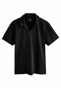 Polo shirt nera a maniche corte con colletto standard e vestibilità regolare. Realizzata in tessuto liscio, presenta un'apertura a V sul davanti.
