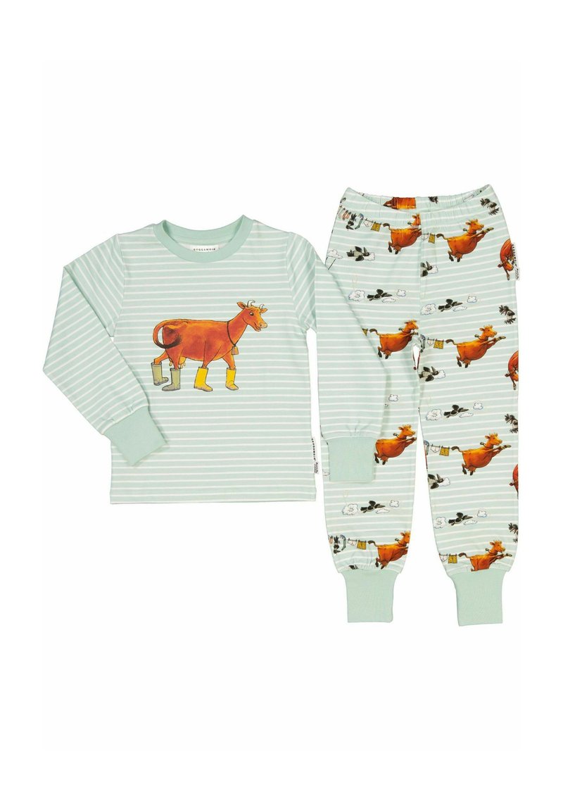 Vaaleanvihreä raidallinen pitkähihainen pyjamapaita, jossa on lehmäkuva; matching-housuissa on lehmäkuvia ja elastiset hihansuut.