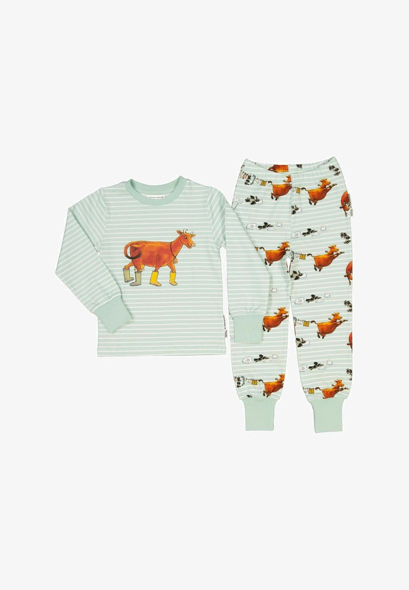 Light green striped long-sleeve pajama top with a cow graphic; matching pants feature cow illustrations and elastic cuffs.