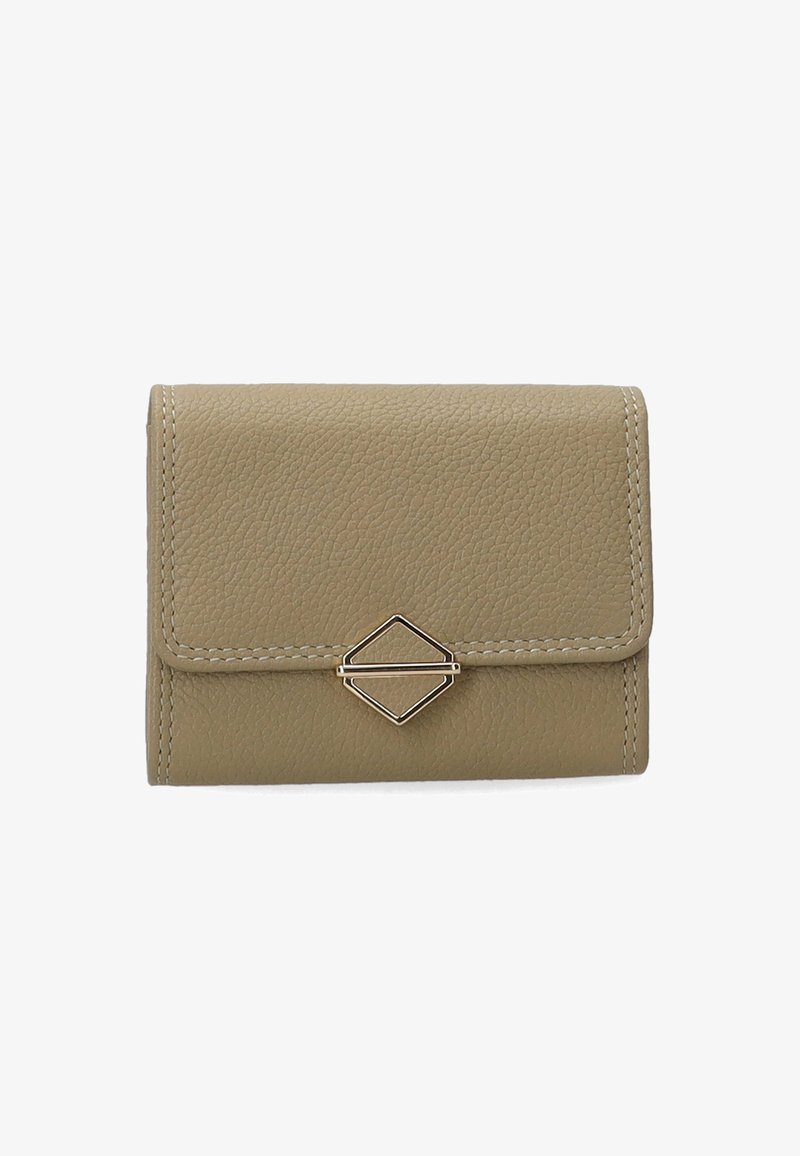 Beige leather wallet with textured surface, gold hardware, and a diamond-shaped accent. Features a flap closure and stitched edges.