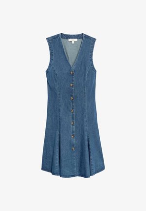 Denim jurk met V-hals, mouwloos ontwerp, knopen sluiting aan de voorkant en geplisseerde rok. Heeft een blauwe wassing en subtiele textuur.