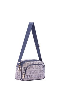Borsa a tracolla blu con motivo, dotata di due scomparti con zip, caratterizzata da dettagli in oro e una tracolla testurizzata con logo del marchio impresso.