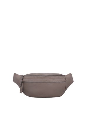 Gürteltasche aus taupefarbenem Leder mit zwei Reißverschlussfächern und verstellbarem Riemen, für freihändiges Tragen konzipiert.