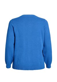 Maglione blu lavorato a maglia con un motivo a nido d'ape testurizzato, con polsini e orlo a costine. Presenta un collo rotondo e maniche lunghe, mostrato da dietro.