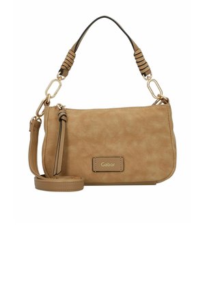 Tasche aus braunem Kunstleder mit strukturiertem Finish, goldfarbener Hardware, einem oberen Griff und einem abnehmbaren Crossbody-Riemen. Verfügt über eine Logo-Plakette.