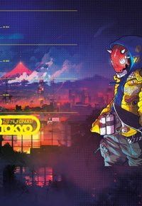 Figure masqué dans une veste jaune et un sweat bleu tenant un skateboard et des bombes de peinture devant une ville futuriste de Tokyo illuminée au néon au crépuscule.