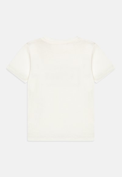 Kurzärmliges T-Shirt mit Rundhalsausschnitt in Cremefarbe. Weiches Baumwollmaterial mit glatter Textur. Einfaches, unverziertes Design, keine Muster oder Drucke.