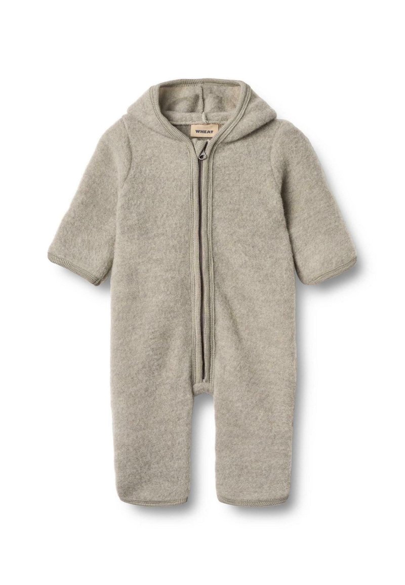 Svetlošedý, fleecový detský snowsuit s celoplošným zipsom, krátkymi rukávmi a kapucňou. Má rebrované manžety a jemnú textúru.