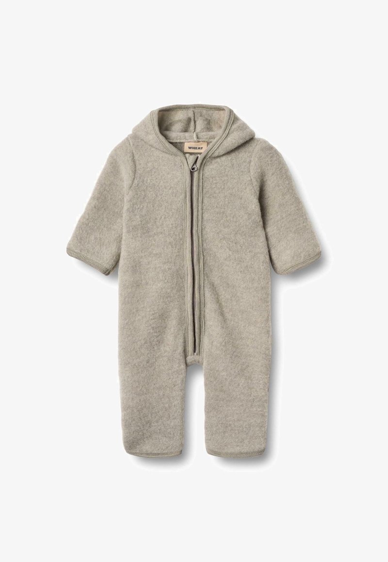 Combinaison neige pour bébé en polaire gris clair, avec fermeture éclair sur le devant, manches courtes et capuche. Comprend des poignets côtelés et une texture douce.
