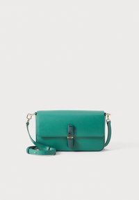 Teal leather crossbody bag with a textured surface, magnetic closure, and a detachable shoulder strap. Features a simple, rectangular shape.