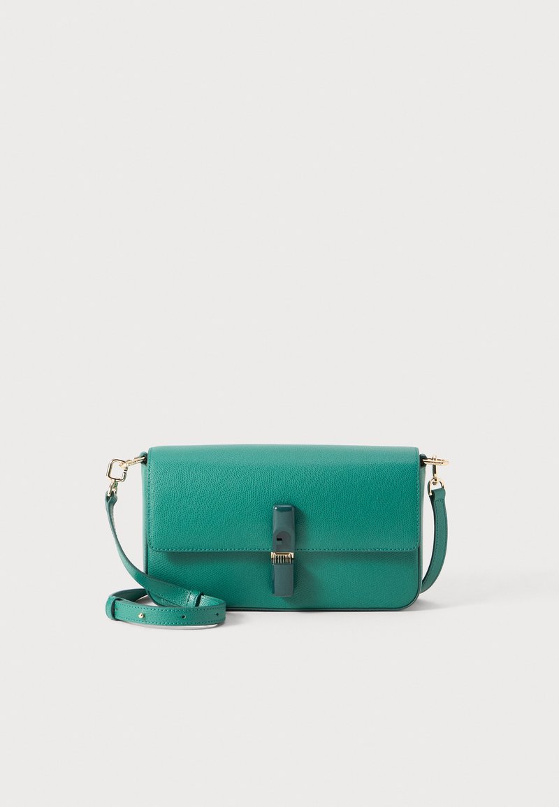 Teal leather crossbody bag with a textured surface, magnetic closure, and a detachable shoulder strap. Features a simple, rectangular shape.