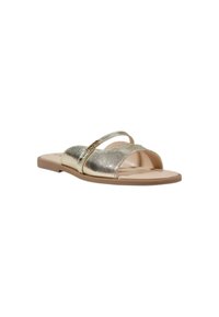 Infradito metallici dorati presentano due fasce larghe, una soletta beige imbottita e una superficie liscia con un lieve luccichio.