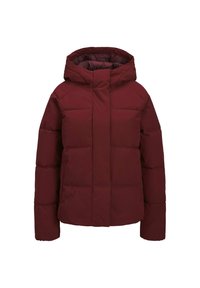 Burgundská pufová bunda s kapucí, která má prošívaný design, přední zapínání a hladkou texturu. Lehká a zateplená.