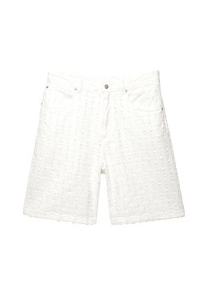 White denim shorts featuring a textured pattern, five pockets, and a frayed hem. Designed with a button and zip closure.
