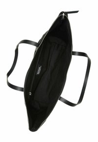 Black handbag with a zip closure, smooth leather straps, and an interior featuring a zip pocket and multiple compartments.