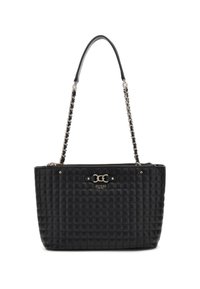 Borsa a tracolla nera trapuntata con una superficie liscia, dotata di manico a catena, accessori in argento e chiusura con zip sulla parte superiore.