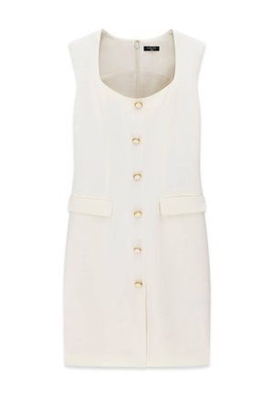 Ärmelloses weißes Kleid mit einem Rundhalsausschnitt, sechs goldenen Knöpfen entlang der Vorderseite und zwei aufgesetzten Klappentaschen vorne.