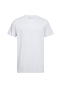 Hvid kortærmet T-shirt lavet af bomuld. Klassisk crew neck design, glat tekstur, uden mønstre eller accenter, lige skåret kant.