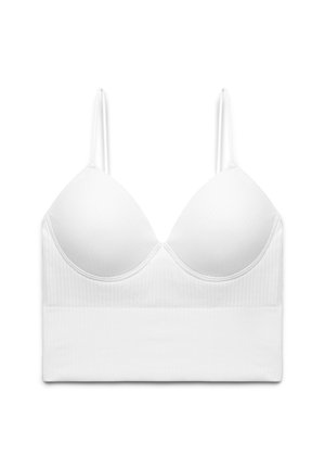 Biała braletka z formowanymi miseczkami, cienkimi regulowanymi ramiączkami i prążkowaną fakturą. Gładka tkanina z szerokim pasem pod biustem dla wsparcia.