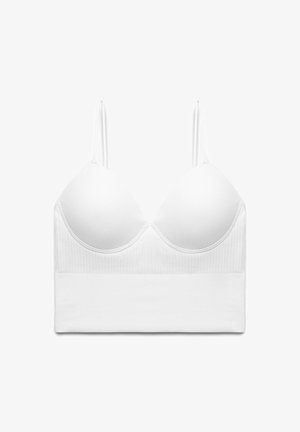 Bralette bianco con coppe sagomate, spalline sottili regolabili e una texture a costine. Tessuto liscio con una fascia inferiore larga per il supporto.