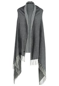 Châle en laine gris foncé avec une bordure gris plus clair, devant ouvert et extrémités à franges, présenté suspendu sur fond blanc.