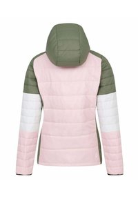 Padded Jacke mit Kapuze, in den Farben Grün, Pink und Weiß mit Farbblockdesign, gesteppter Textur und elastischen Bündchen. Rückansicht.