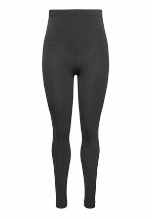 Leggings neri realizzati in un materiale elastico, con una texture liscia, vita alta e design a lunghezza intera. Senza accenti o motivi visibili.