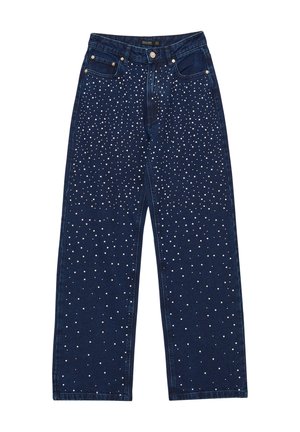 Jeans a gamba larga in denim scuro con borchie bianche sparse, design a cinque tasche e vita alta con chiusura a bottone brandizzato.