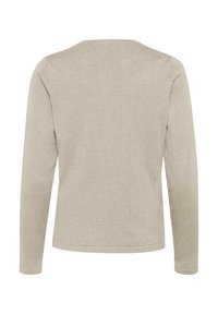 Gai pelēks garām piedurknēm tops ar apaļu kaklu, gludu tekstūru un vienkāršu dizainu. Aizmugurē nav redzami nekādi raksti vai akcenti.