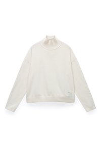 Langærmet rullekravesweater i cremefarve med ribbet krave, ærmeafslutninger og kant, vist fladt på en hvid baggrund.