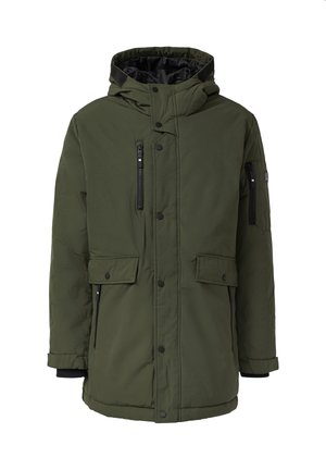 Pikowana parka w ciemnozielonym kolorze. Posiada kieszeń na piersi na zamek, dwie przednie kieszenie z patkami oraz regulowany kaptur z czarnymi akcentami.