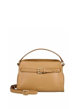 Sac à main en cuir fauve avec poignée supérieure, détail de sangle à boucle sur le devant, et bandoulière amovible, de la marque Burkely.