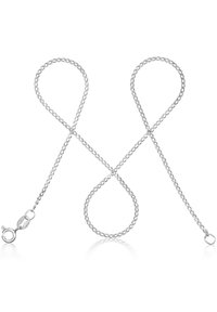 Silver chain with an intricate loop design, featuring shiny links and a lobster clasp. Smooth texture, versatile for various accessories.