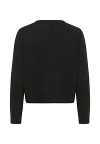 Schwarzer, langärmeliger Strickpullover mit Rundhals, von hinten auf einem weißen Hintergrund gezeigt.