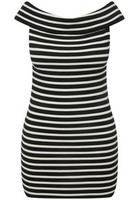 Schwarz-weißer gestreifter Off-Shoulder-Kleid, passgenaue Gestaltung, gerippte Textur, knielang mit weitem Ausschnitt.