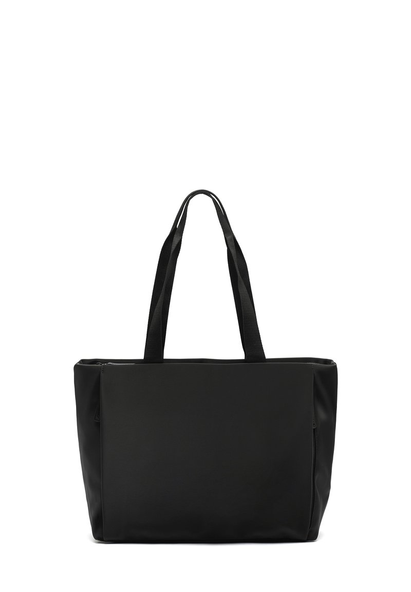 Czarna torba na ramię wykonana z gładkiego materiału, z dwoma szerokimi uchwytami i prostokątnym kształtem. Projekt jest minimalistyczny, bez widocznych akcentów.