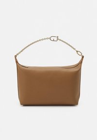 Brown leather bag with a smooth texture, minimalist design, and a gold chain strap. Features a zip closure along the top edge.