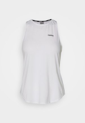 Débardeur blanc sans manches en tissu lisse, avec un col arrondi et un logo noir "STRONGER" sur la poitrine gauche.
