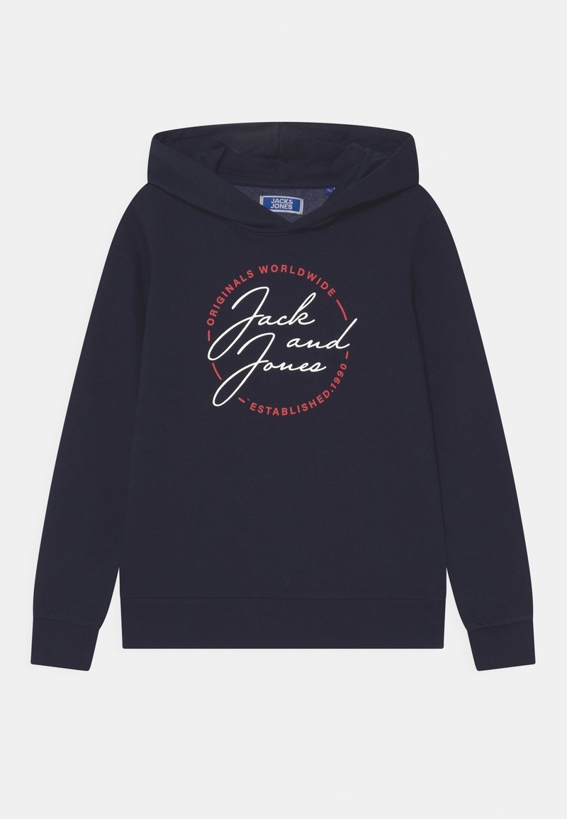 Sweat à capuche bleu marine avec le texte blanc « Jack and Jones » en écriture manuscrite à l'avant, entouré d’un texte circulaire rouge « Originals Worldwide Established 1990 ».