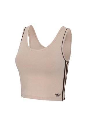 Beiges, kurz geschnittenes Tanktop mit schwarzen Seitenstreifen und Adidas-Logo nahe dem Saum, mit breiten Schulterträgern und rundem Ausschnitt.