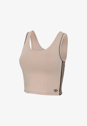 Beiges, kurz geschnittenes Tanktop mit schwarzen Seitenstreifen und Adidas-Logo nahe dem Saum, mit breiten Schulterträgern und rundem Ausschnitt.