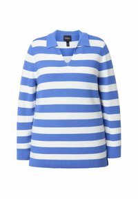 Gestreifter Pullover in Blau und Weiß, mit V-Ausschnitt, langen Ärmeln und geripptem Saum. Der Stoff wirkt strukturiert und hat eine bequeme Passform.
