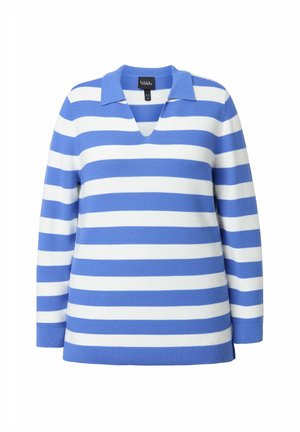 Pullover a rayas en azul y blanco, con escote en V, mangas largas y dobladillo acanalado. La tela parece texturizada y tiene un ajuste cómodo.