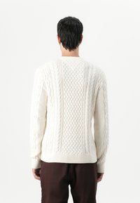 Strikket sweater i cremefarve med et tekstureret mønster, der har en kabelstrikdesign og ribbet kant. Bagview viser detaljeret udsmykning.