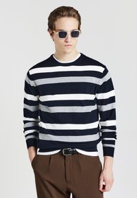 Pull rayé bleu marine, gris et blanc ; col rond, poignets côtelés, porté sur une chemise blanche, associé à des lunettes de soleil surdimensionnées. Pantalon marron.