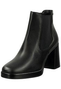 Botín negro de cuero hasta el tobillo con punta redonda, paneles laterales elásticos y tacón cuadrado alto. Textura suave y diseño minimalista.