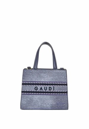Borsa a mano blu con due manici, caratterizzata da un motivo a righe orizzontali e la scritta "GAUDI" al centro.