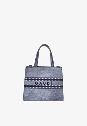 Borsa a mano blu con due manici, caratterizzata da un motivo a righe orizzontali e la scritta "GAUDI" al centro.